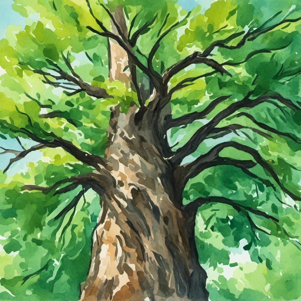 Pillar Tree in Gouache Style with Impasto Texture