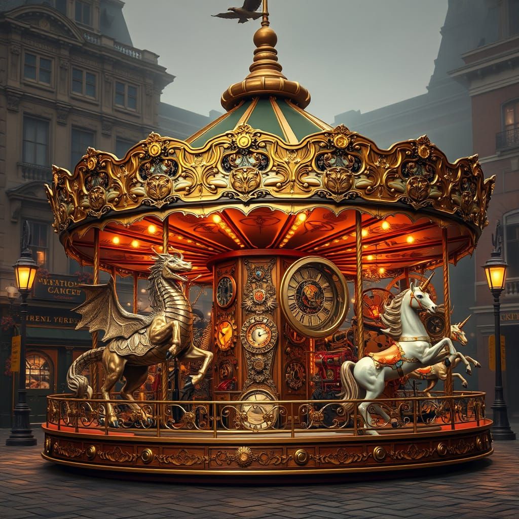Steampunk Carousel With Mechanical Beasts in Victorian Squar...