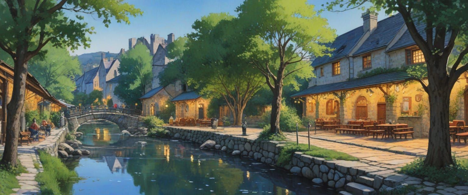 Lively Stone Village in Comic Book Style