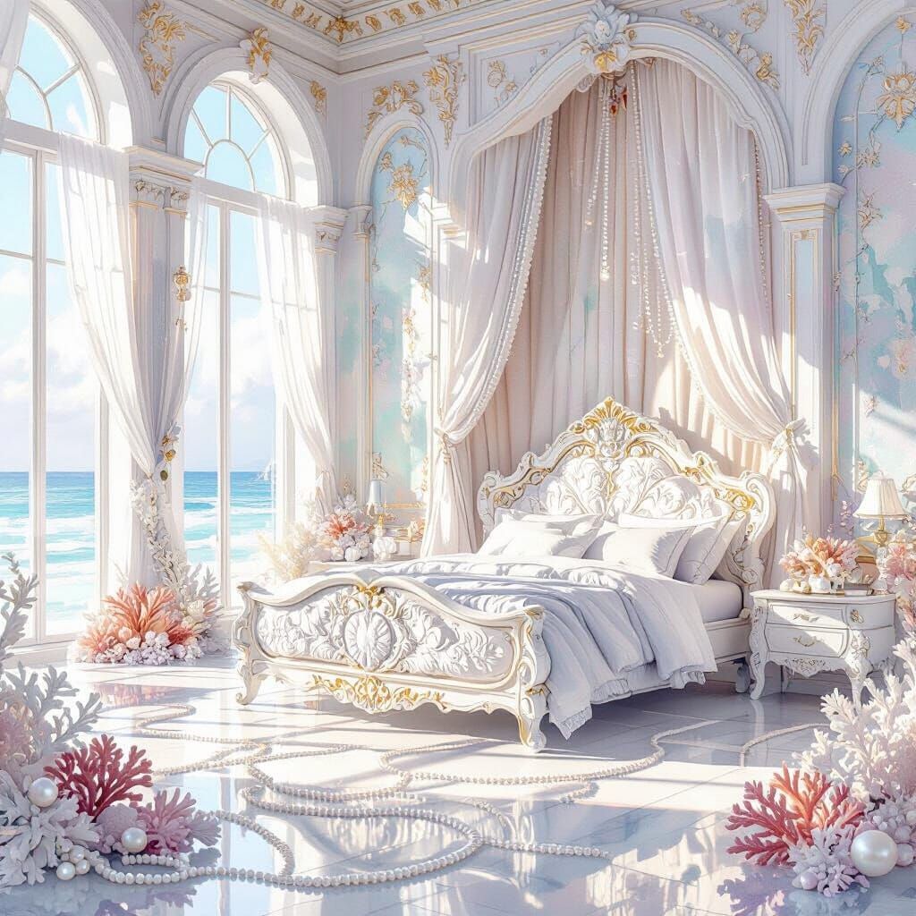 Opulent Sea-Themed Hall with Grand Bed in Watercolor Style