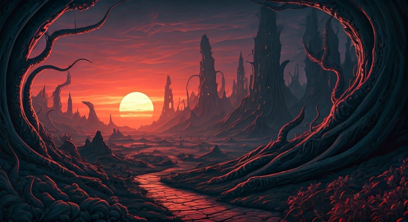 Gothic, Dreamlike Landscape of Ancient Ruins and Twisted Flo...