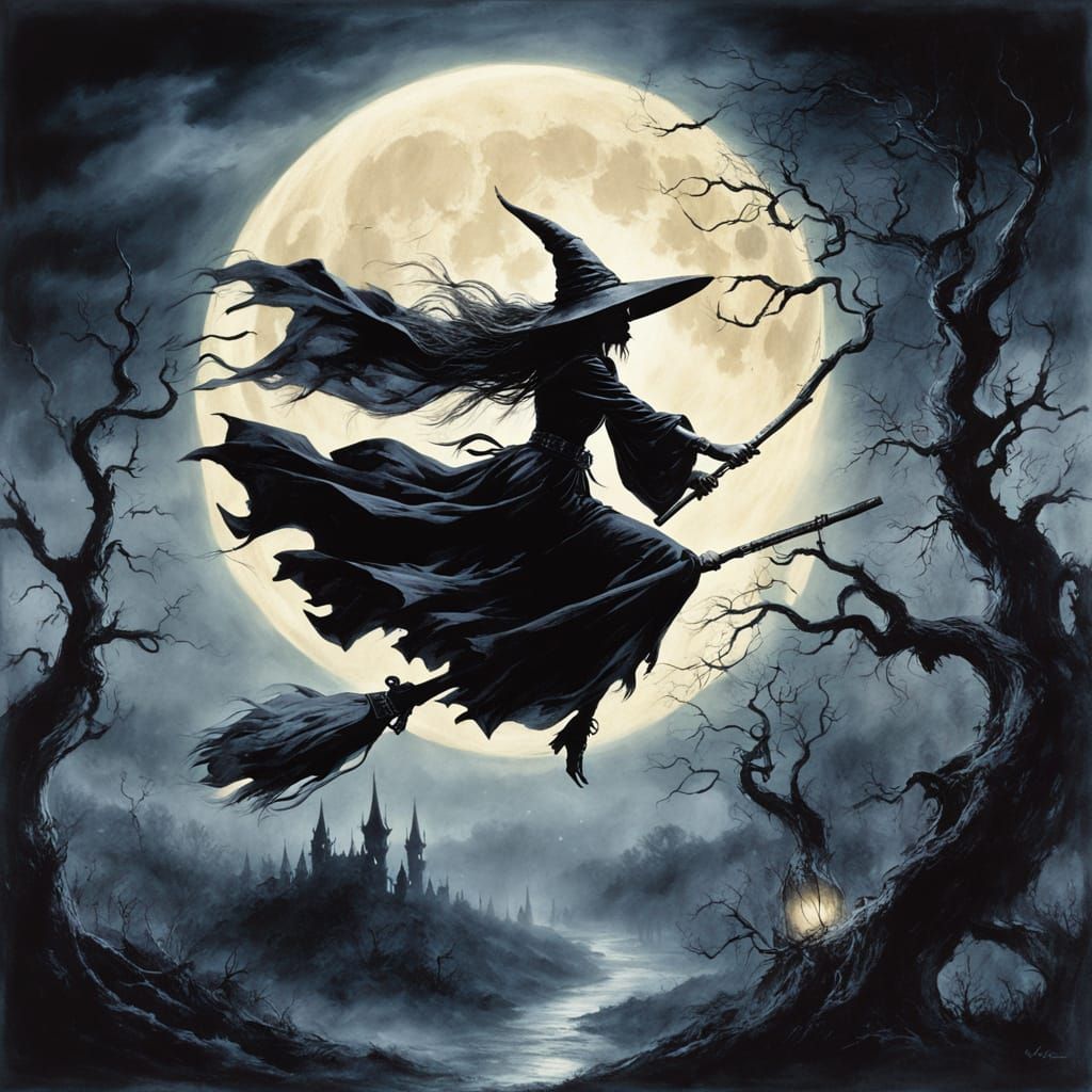 Witch Flying Over Forest Under Full Moon in Gothic Style