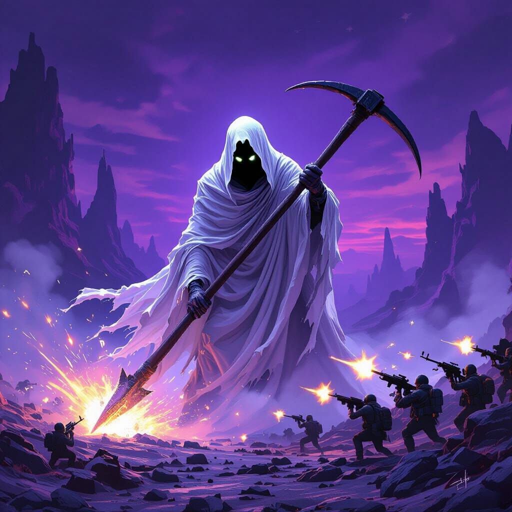 Ghost with Pickaxe Faces Army Under Purple Sun