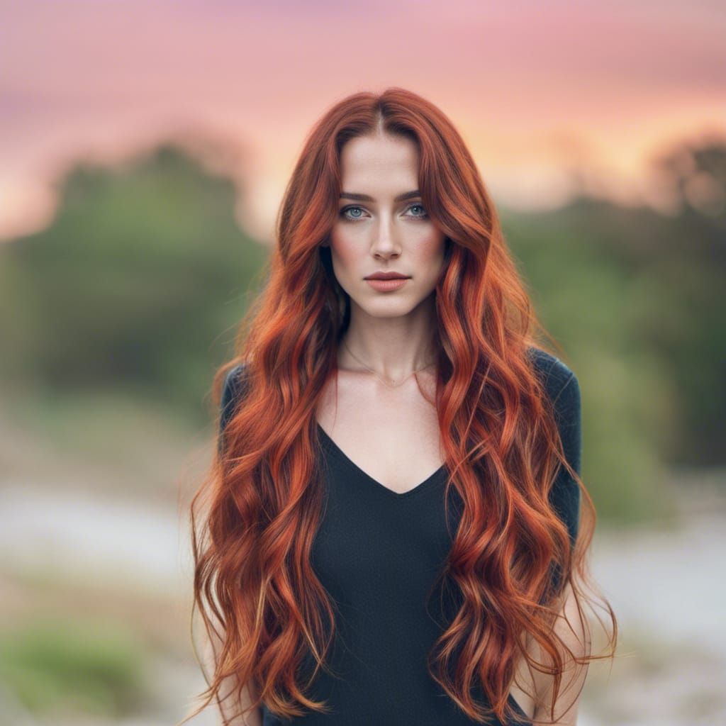 Woman with Flowing Orange Hair and Golden Ratio Face