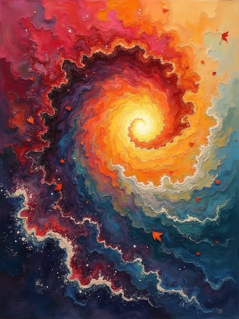 Vibrant Autumn Gouache Painting with Intricate Waves and For...