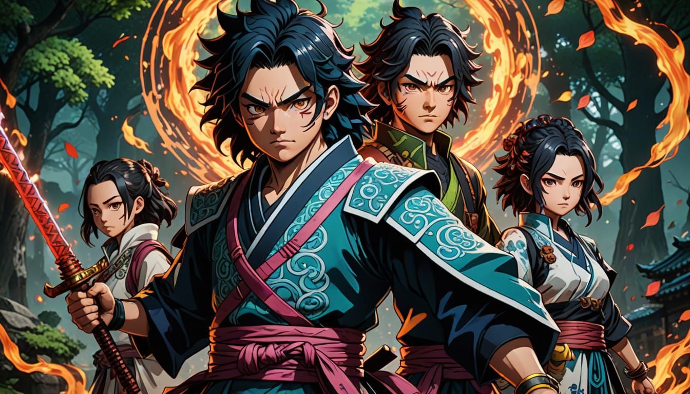 Vibrant Demon Slayer Doodles in 3D Cinematic Style