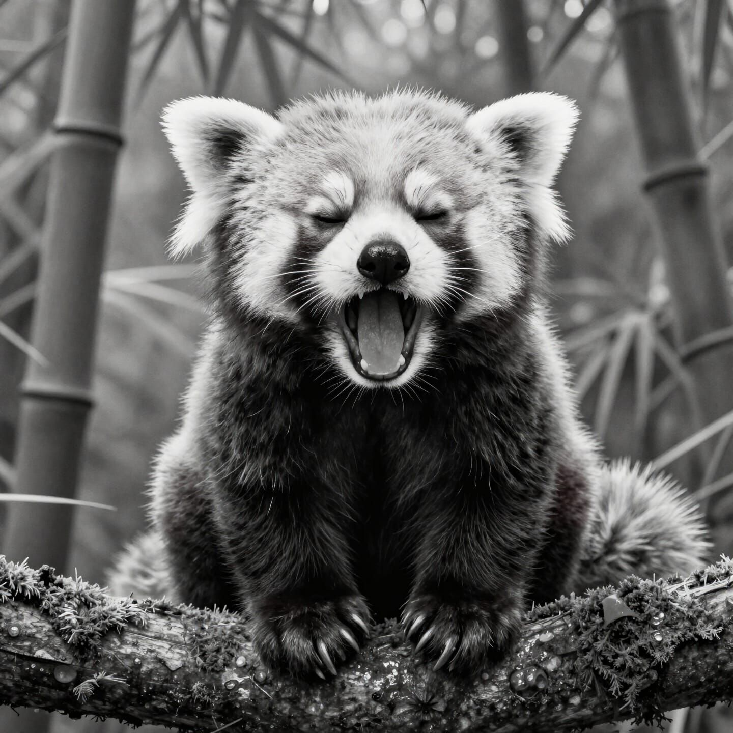 Adorable Red Panda Cub Yawning in Graphite Pencil Drawing