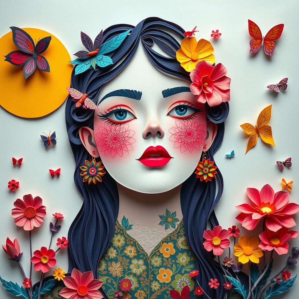 Vibrant Female Portrait in Layered Paper Cut-Out Style