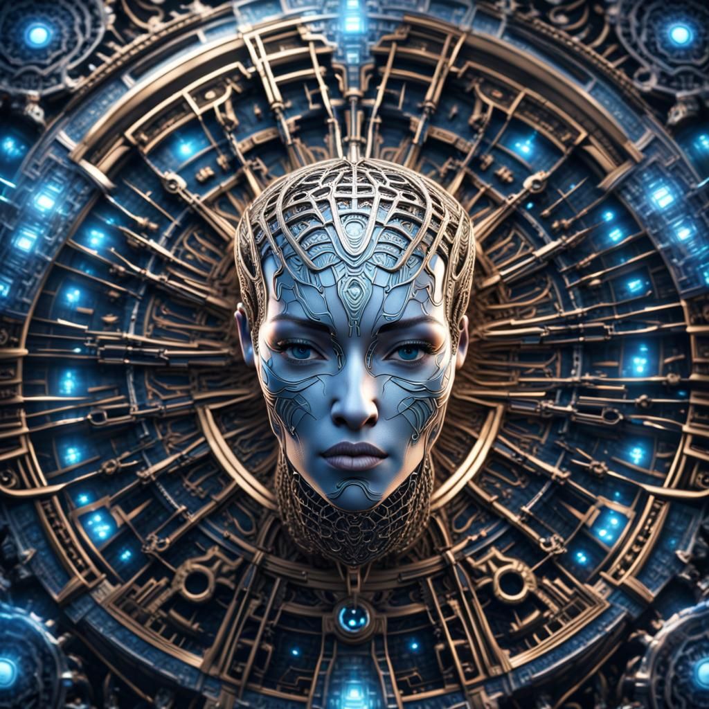 Cybernetic Face in Mandala Webbing, Digital Art