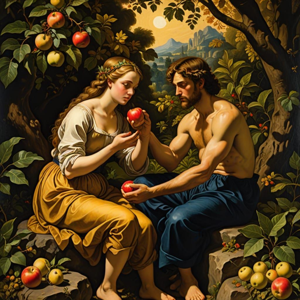 Adam and Eve in Lush Garden, Baroque Style