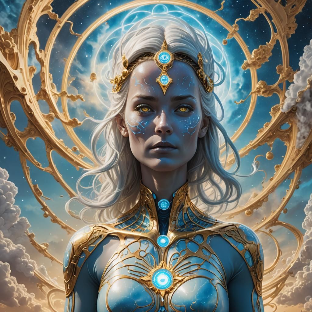 Female Dr. Manhattan with Third Eye in Surreal Sky