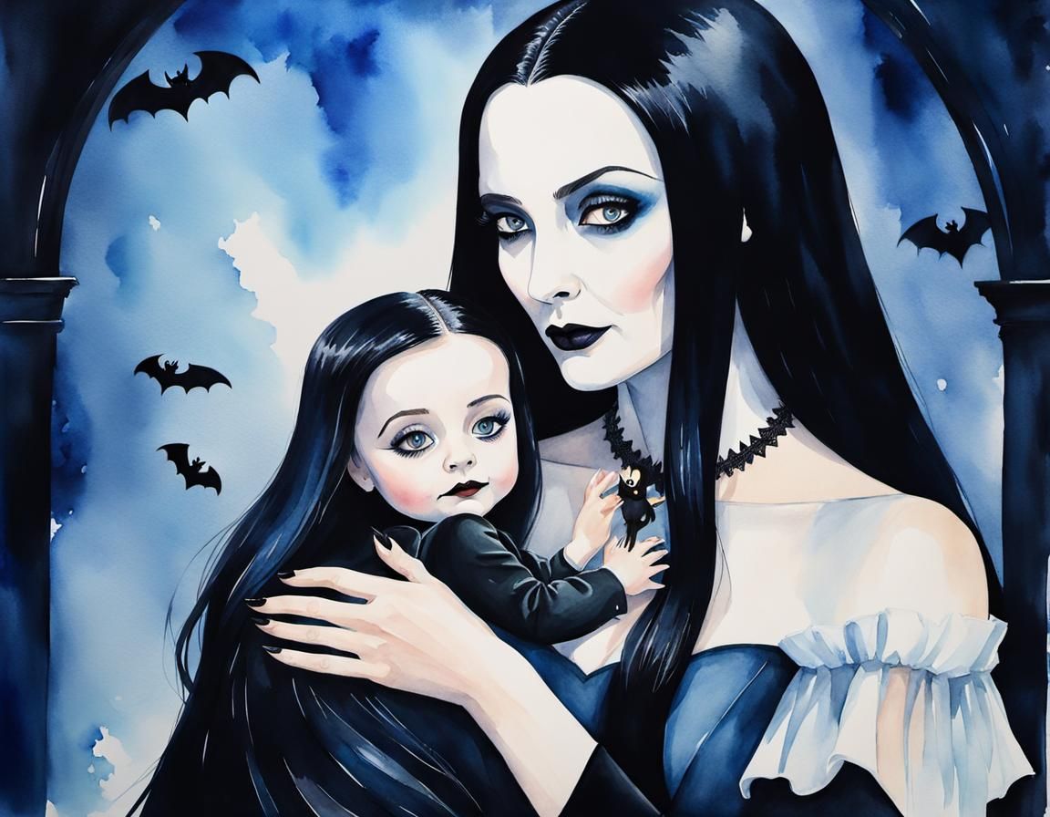 Morticia and Wednesday Addams: Gothic Watercolour