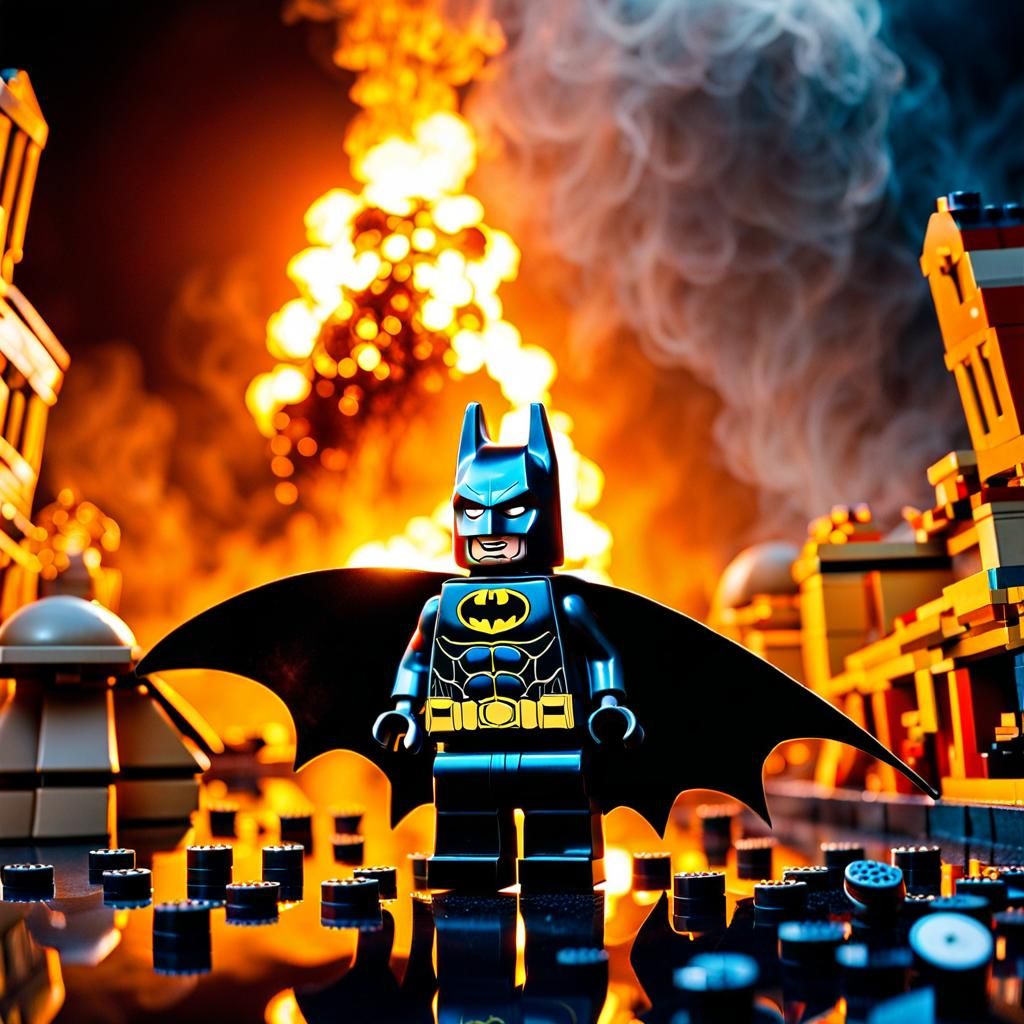 Hyperrealistic Lego Batman in Front of Explosion