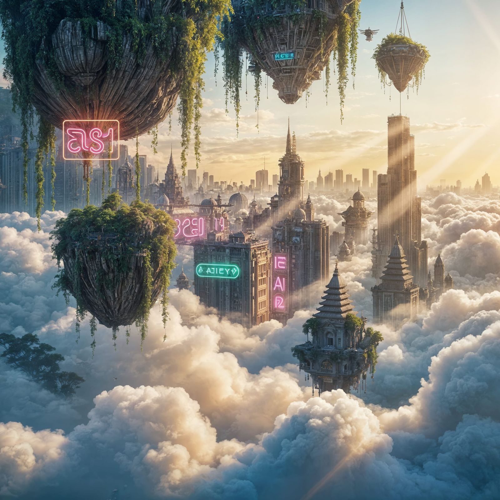 Surreal Floating City at Golden Hour, Concept Art