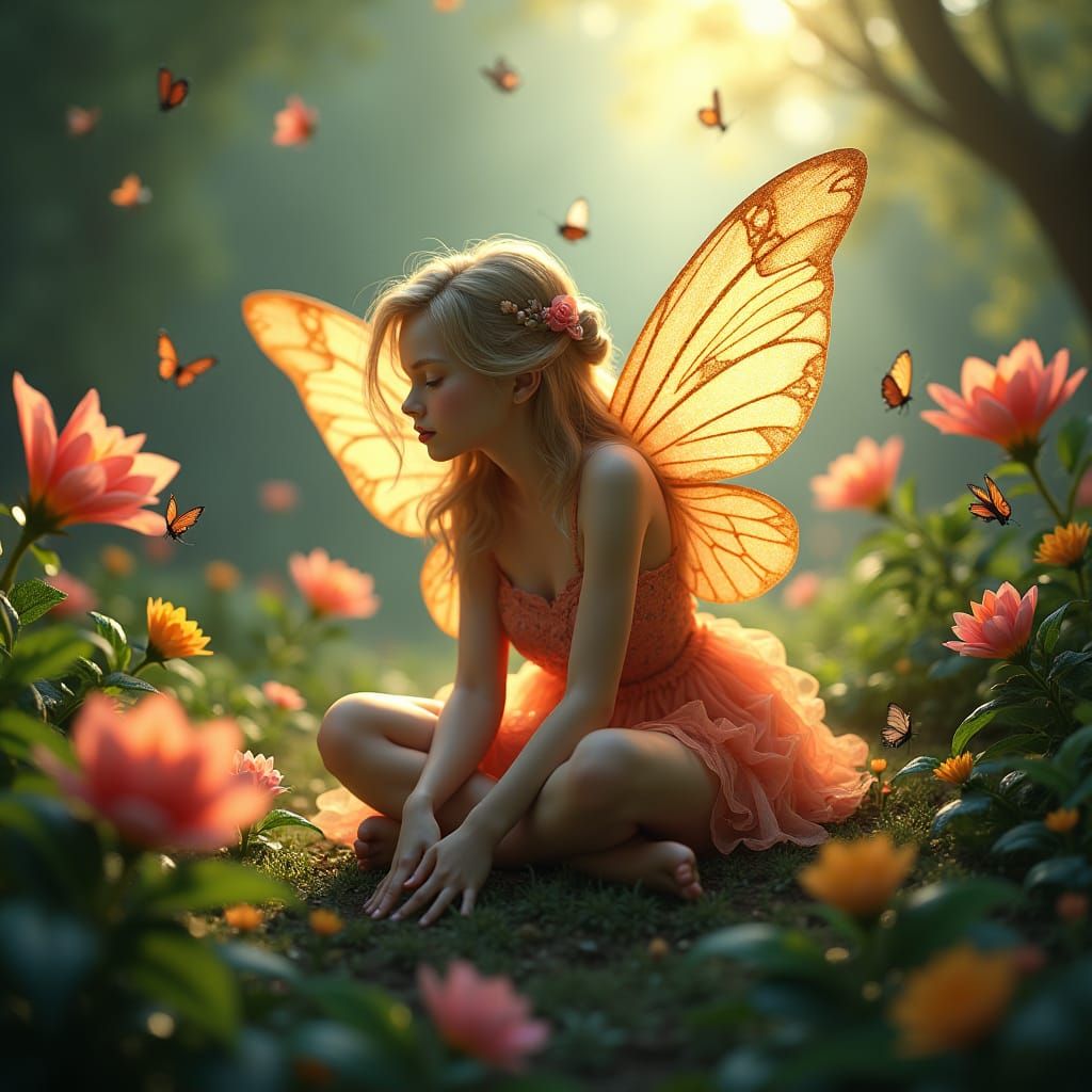Fairy Awakening in Butterfly Garden: Fantasy Concept Art