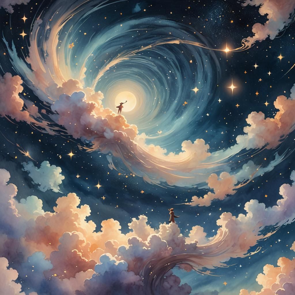 Dreamlike Figure in Starry Night Sky