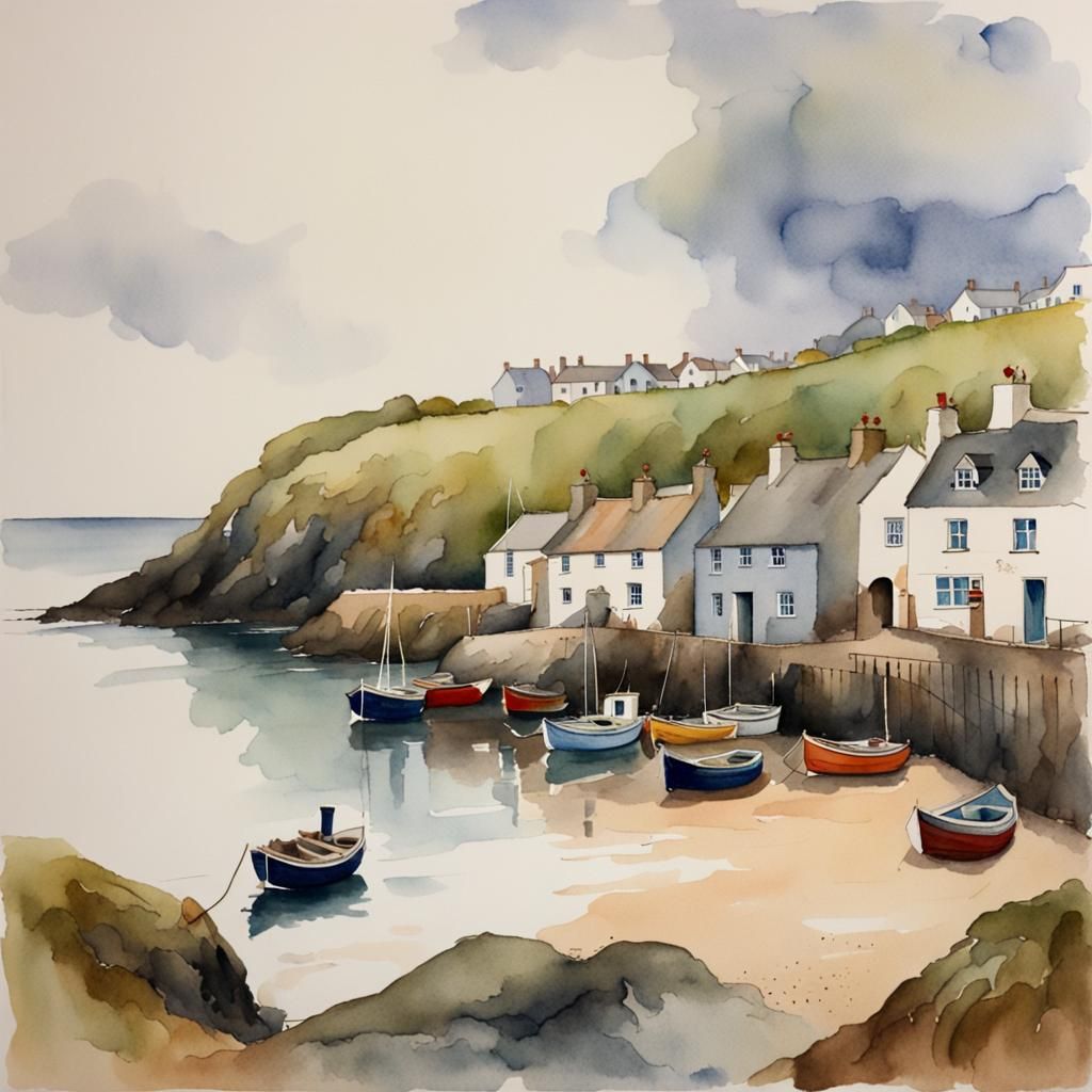 Cornish Fishing Village in Watercolor Style
