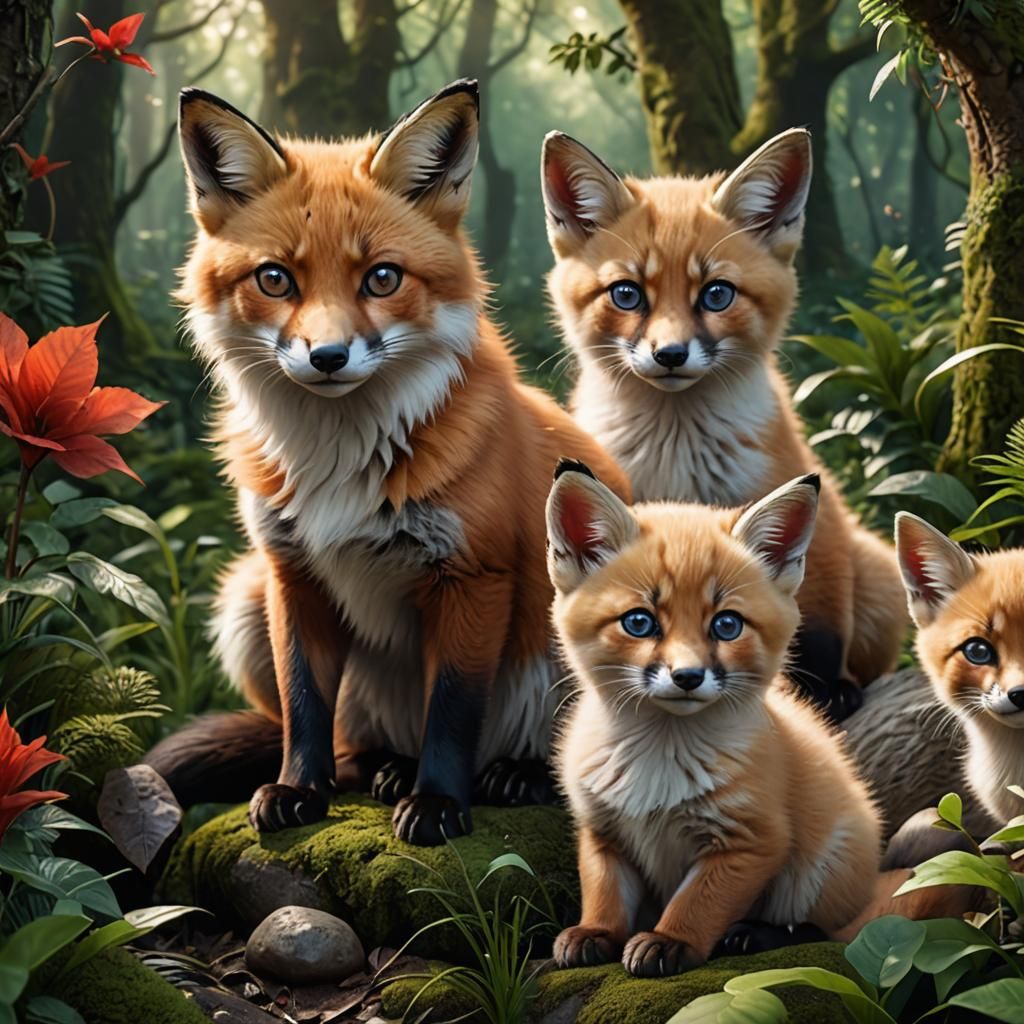 Adorable Fox and Kitten in Fantasy Forest