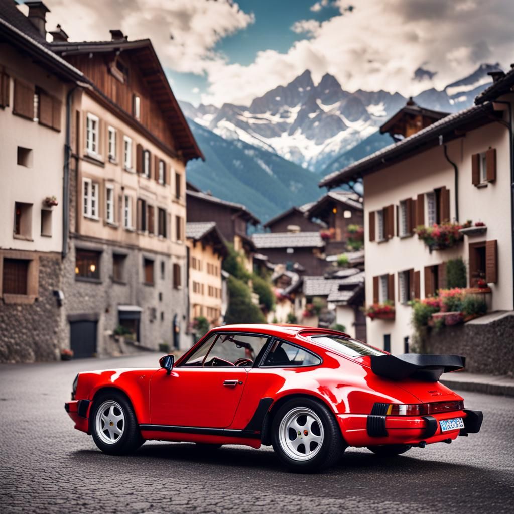 Red Porsche 930 in the Alps: Origami Papercraft
