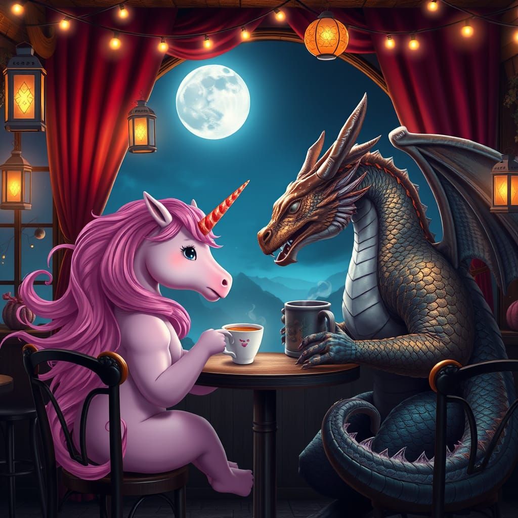 Whimsical Nighttime Cafe Scene in Matte Painting Style