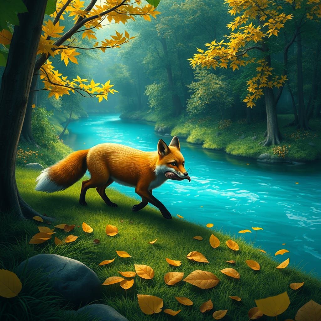 Fox with Fish in Autumn Forest Clearing