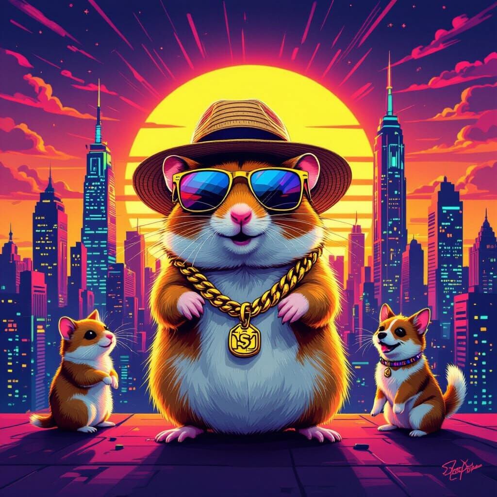Cool Hamster in Cityscape at Sunset with Dancing Animals
