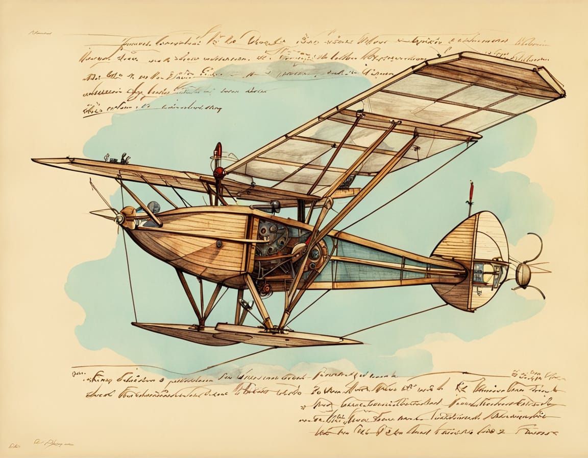 Vintage Wooden Ornithopter Design in Ink and Watercolor