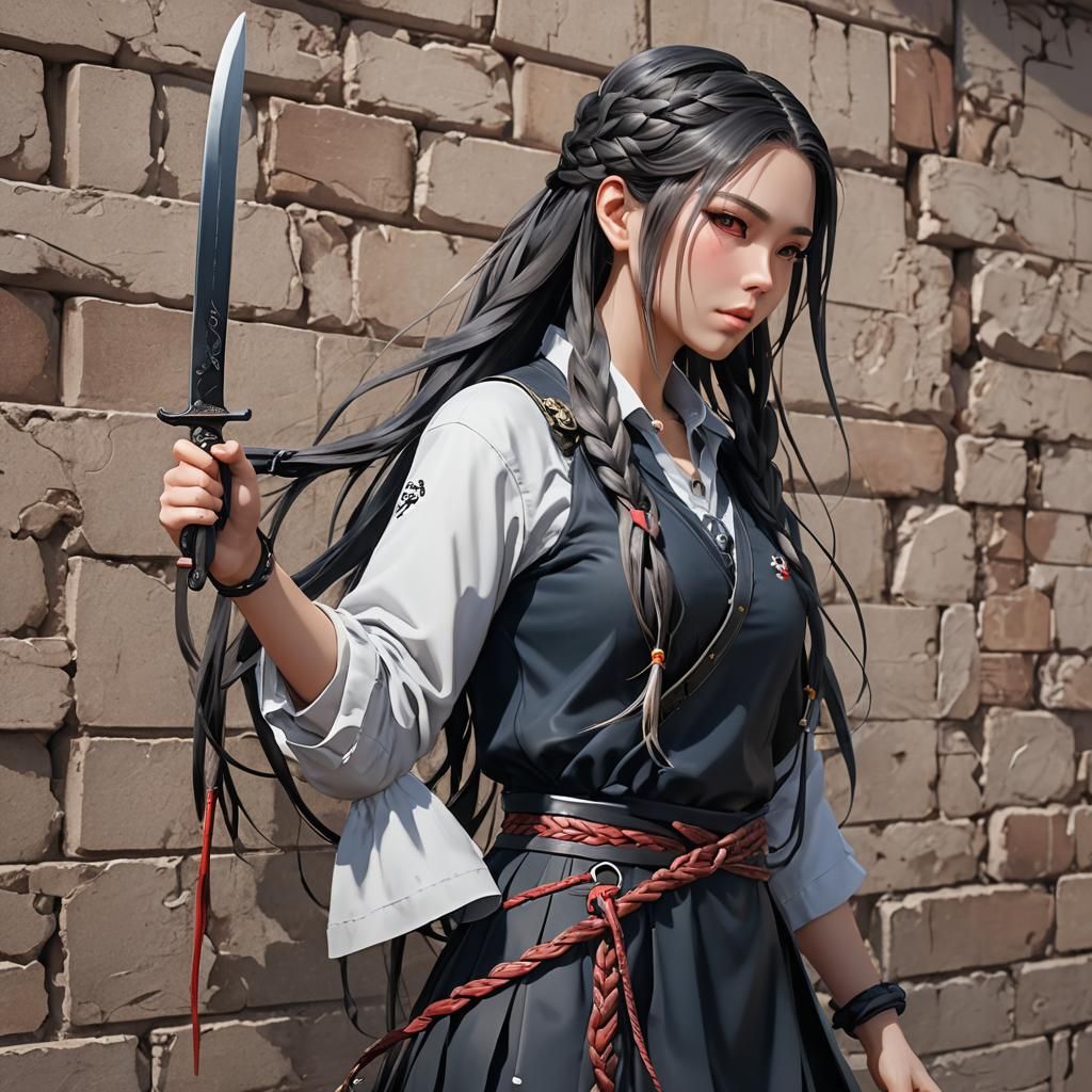 Anime Girl with Braids and Knife, 3D Art