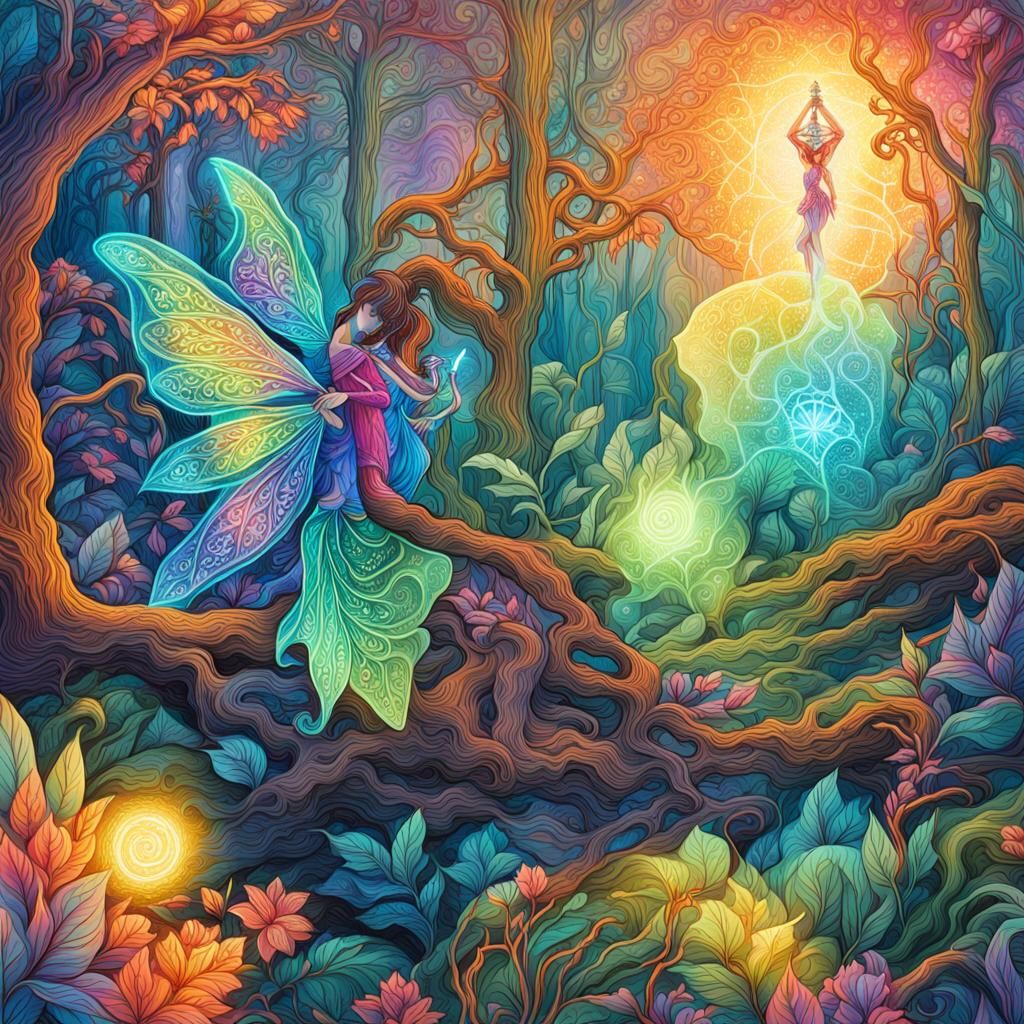 Fairies Dancing Around Crystal in Cosmic Forest