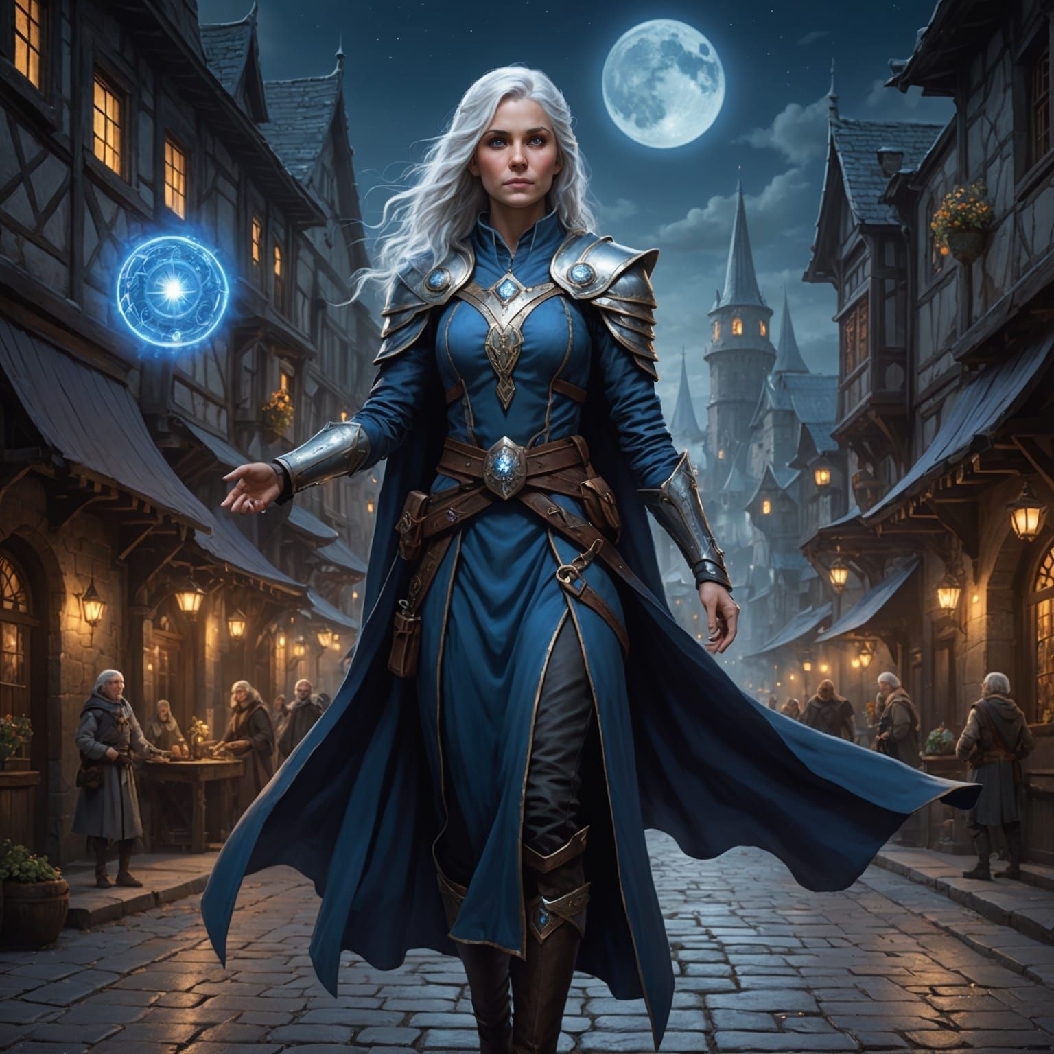 Aasimar Healing Cleric in Moonlit Town