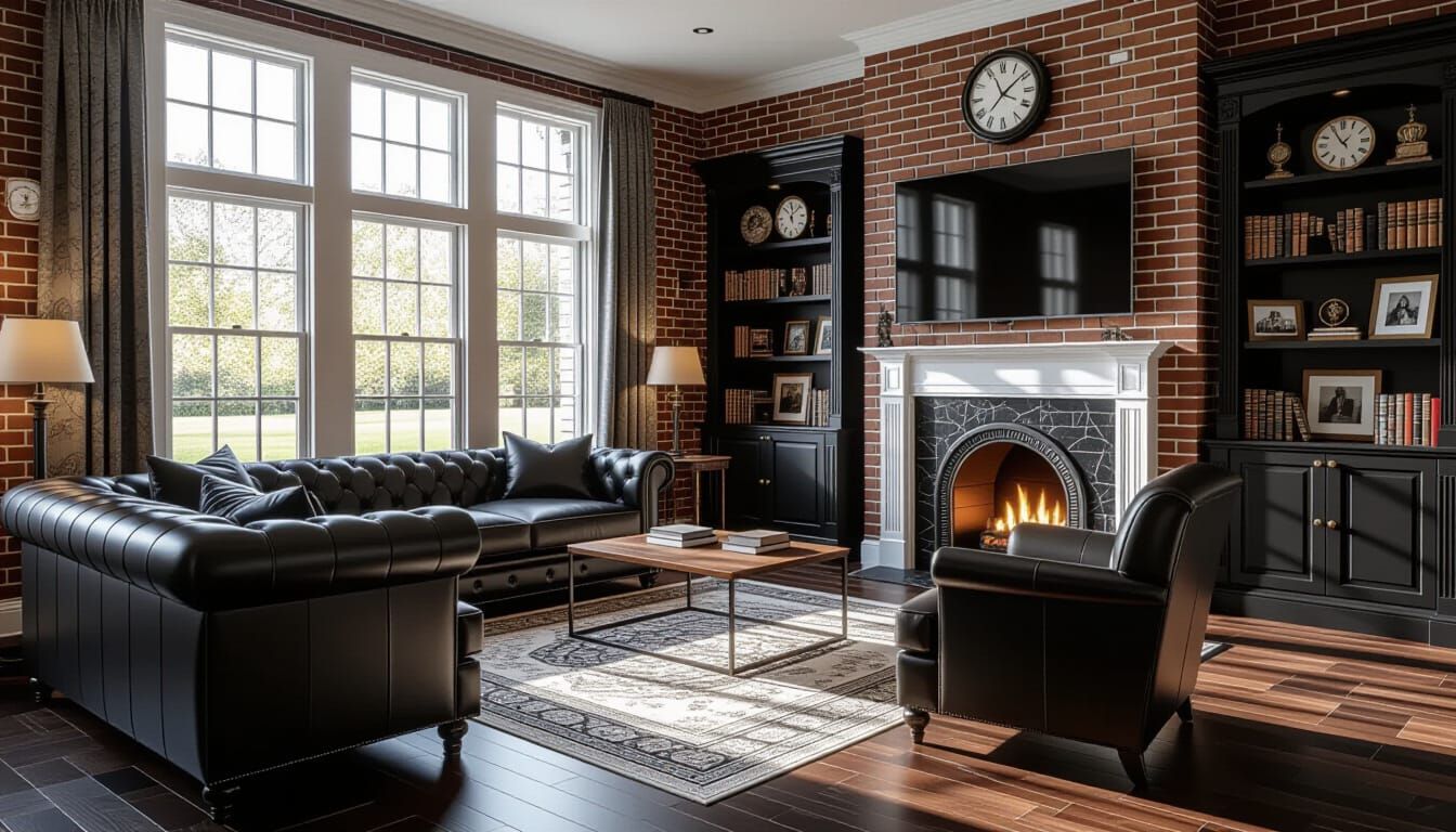 Victorian Living Room with Brick and Black Accents