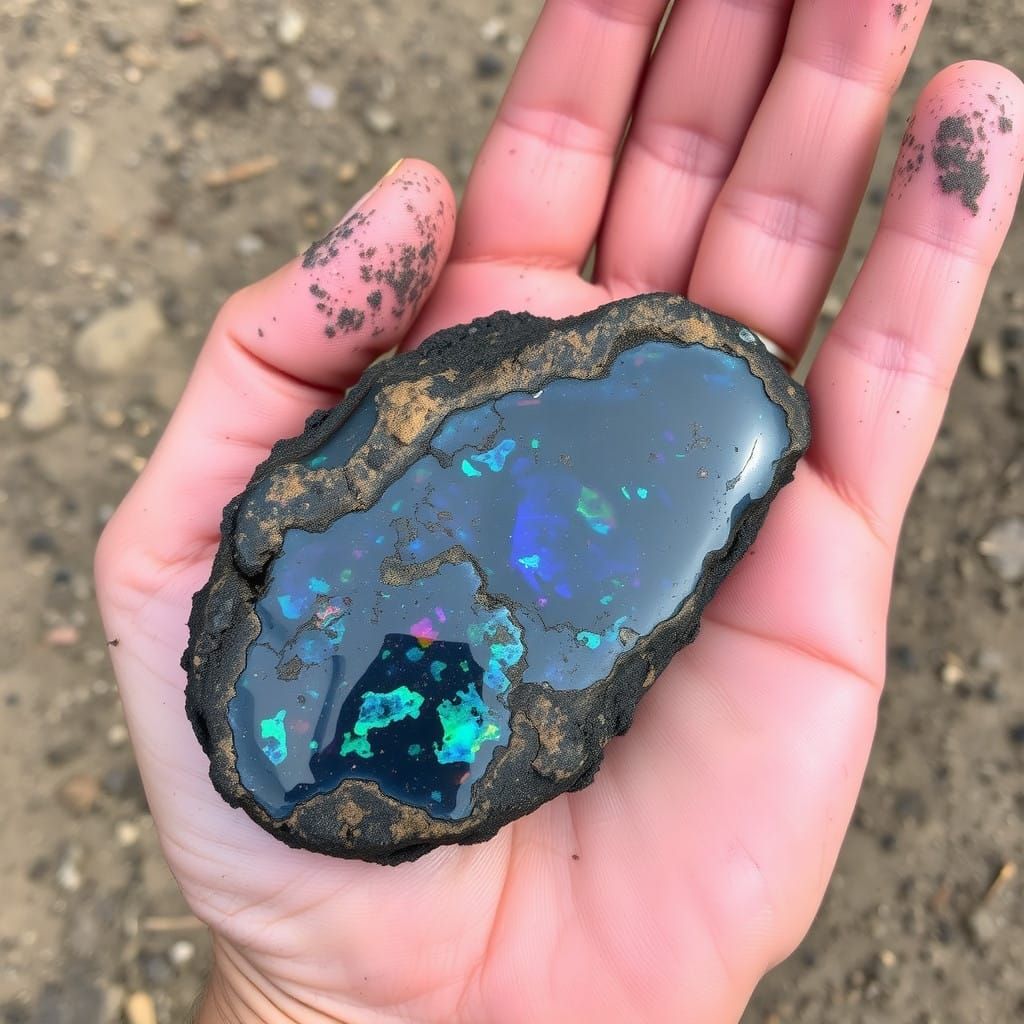 A Dirty Hand Cradles a Massive Black Opal Gemstone