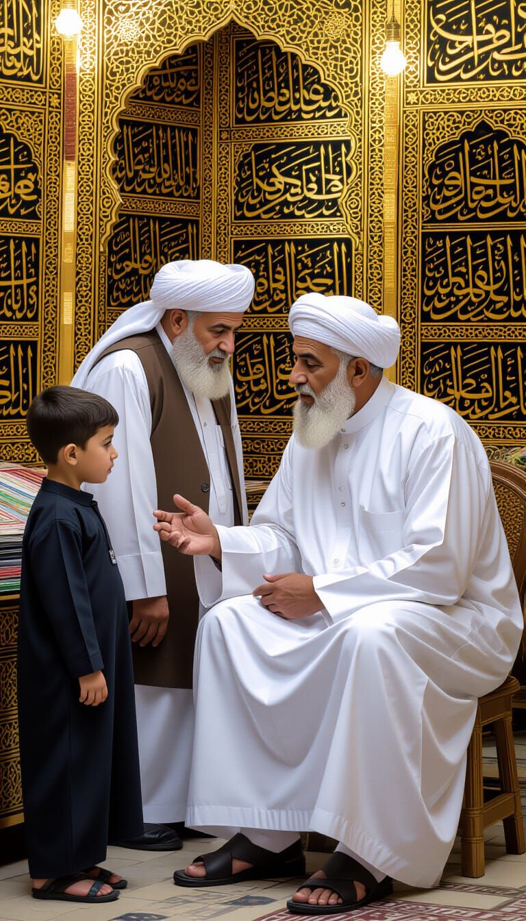 Shopkeeper Advising Boy with Islamic Calligraphy