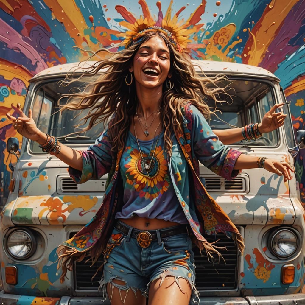 Hyperrealistic Hippy Girl Dancing on Van