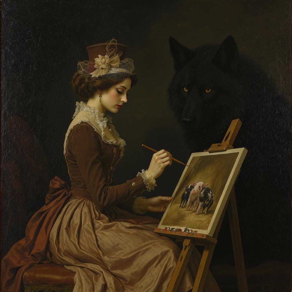 Victorian Woman Painting Pigs, Old Masters Style