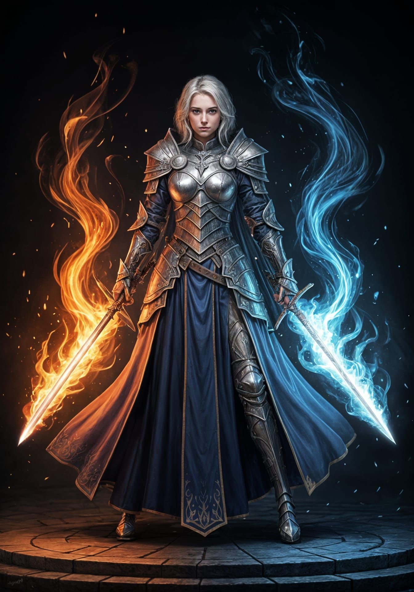 Elegant Knight Dual-Wielding Fire and Ice Swords