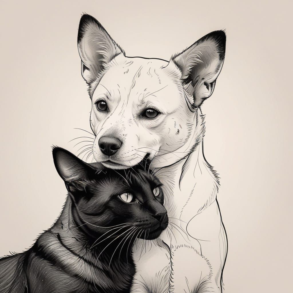 Cuddled Furry Friends in Warm Monochrome