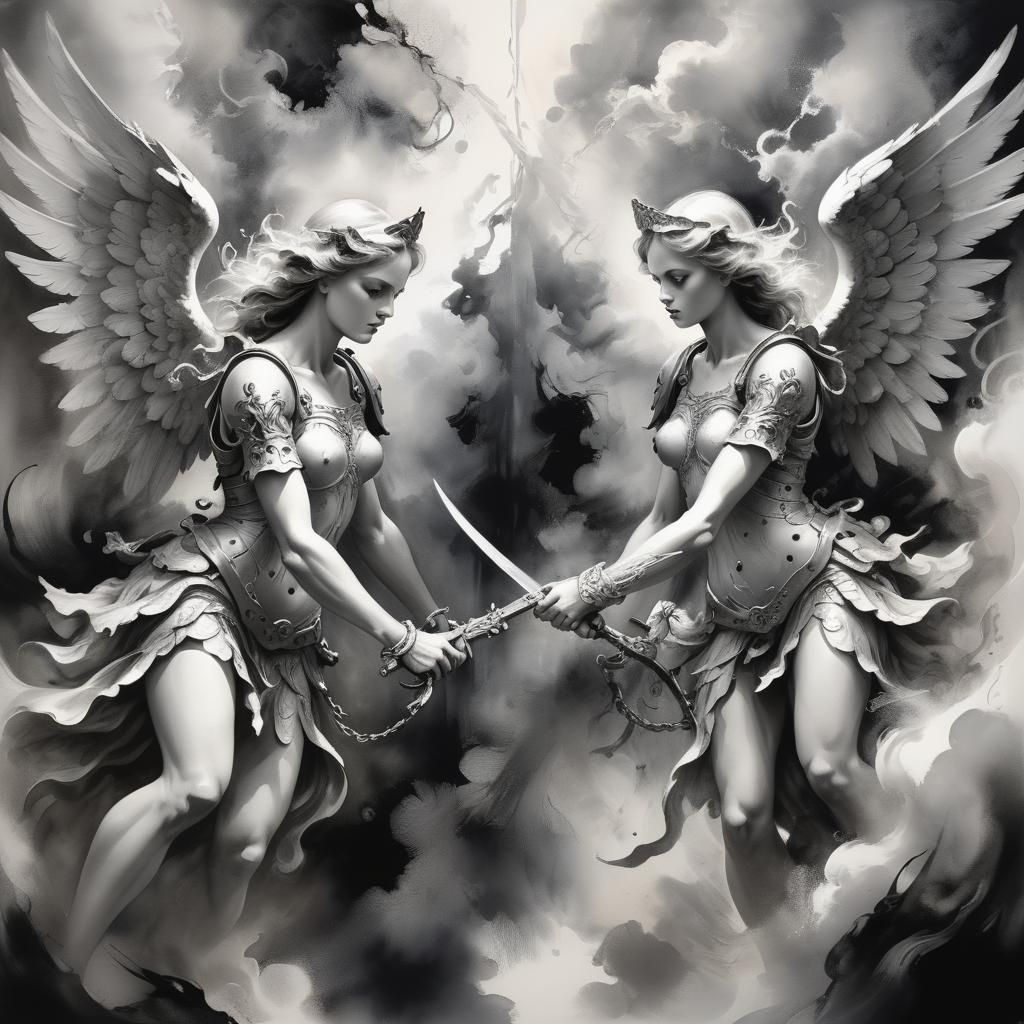 Angelic Battle in Charcoal, Fantasy Illustration