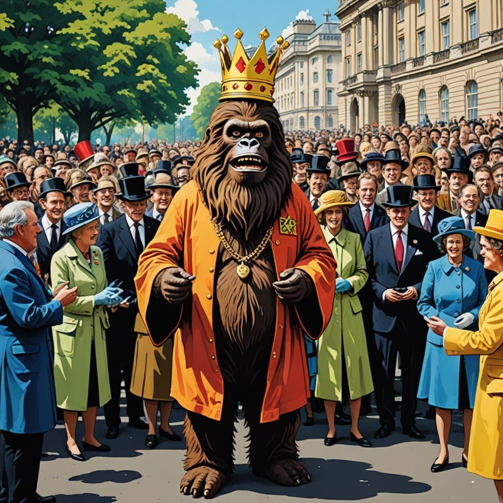 Sasquatch Ascends Throne in Absurdist Cartoon