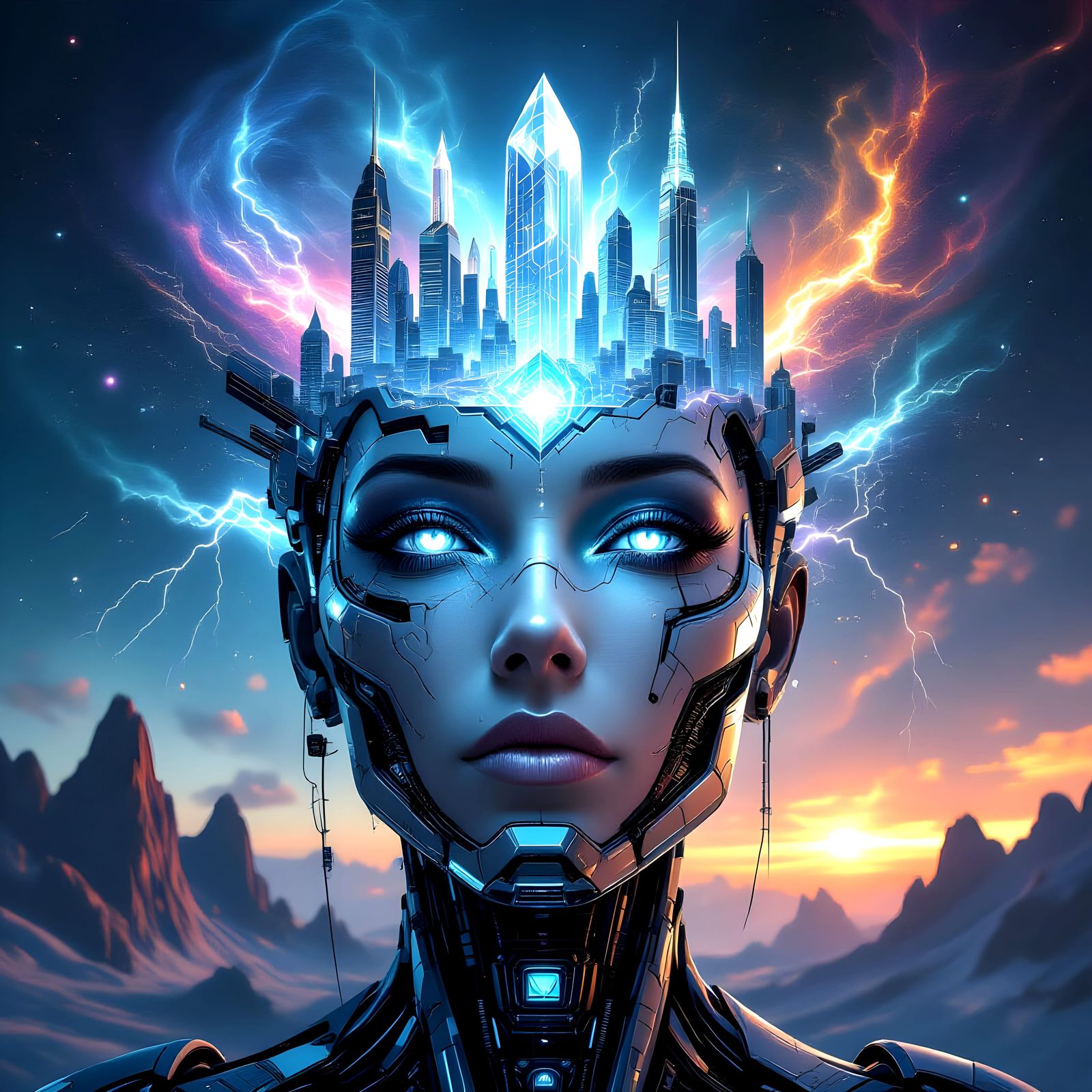 AI Cyborg Face Explodes With Futuristic Crystalline City