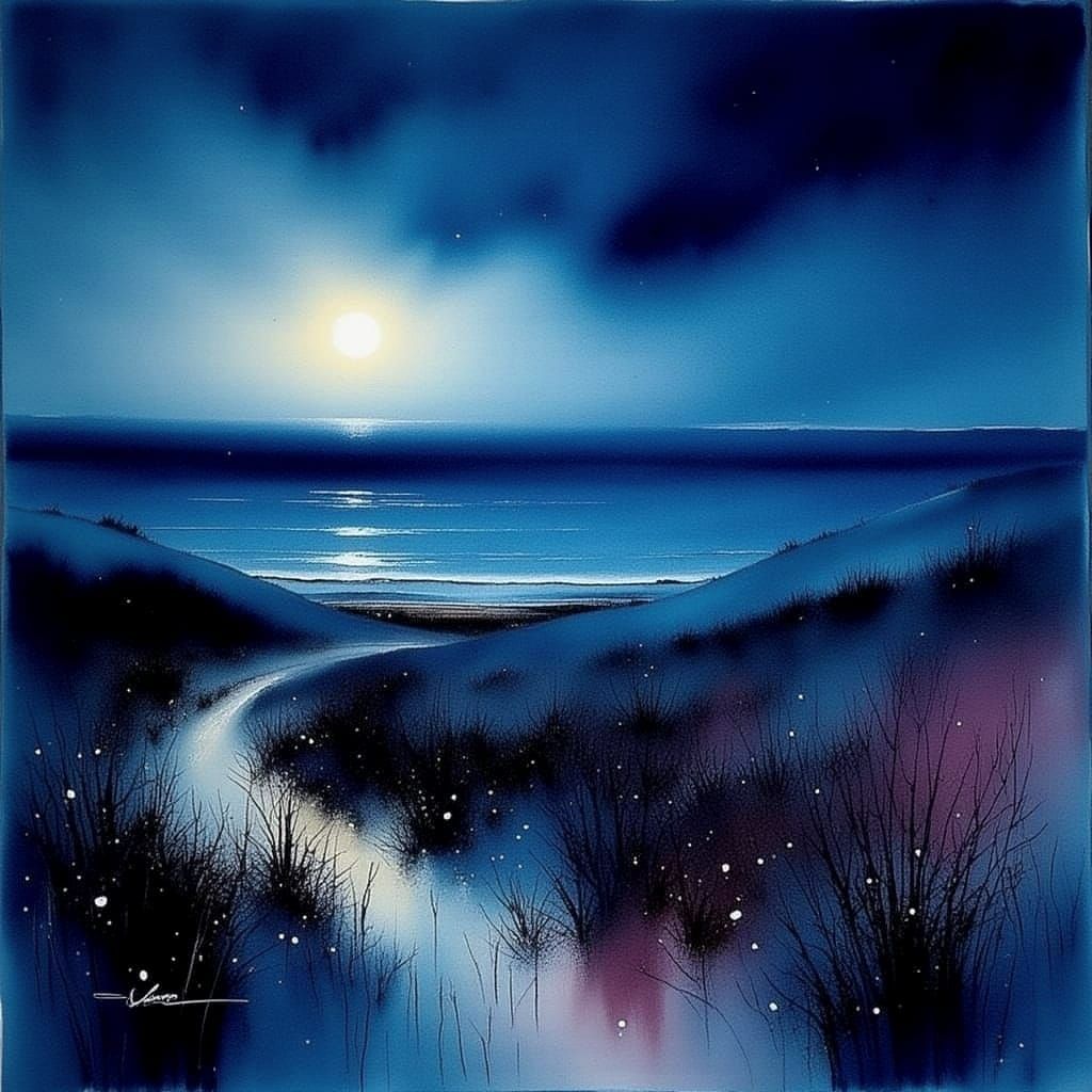 Surrealist Night Seascape in a Watercolor Style