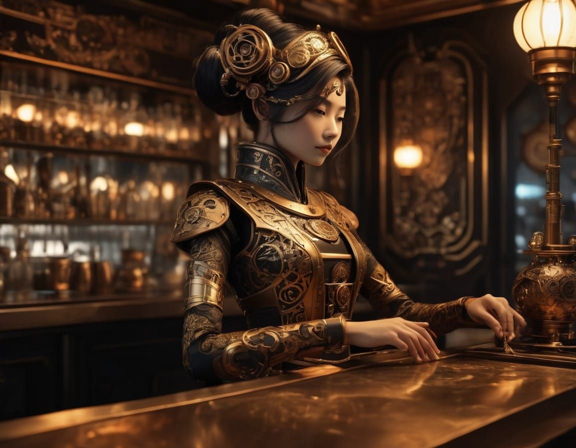 Elegant Steampunk Cyborg Geisha Bartender