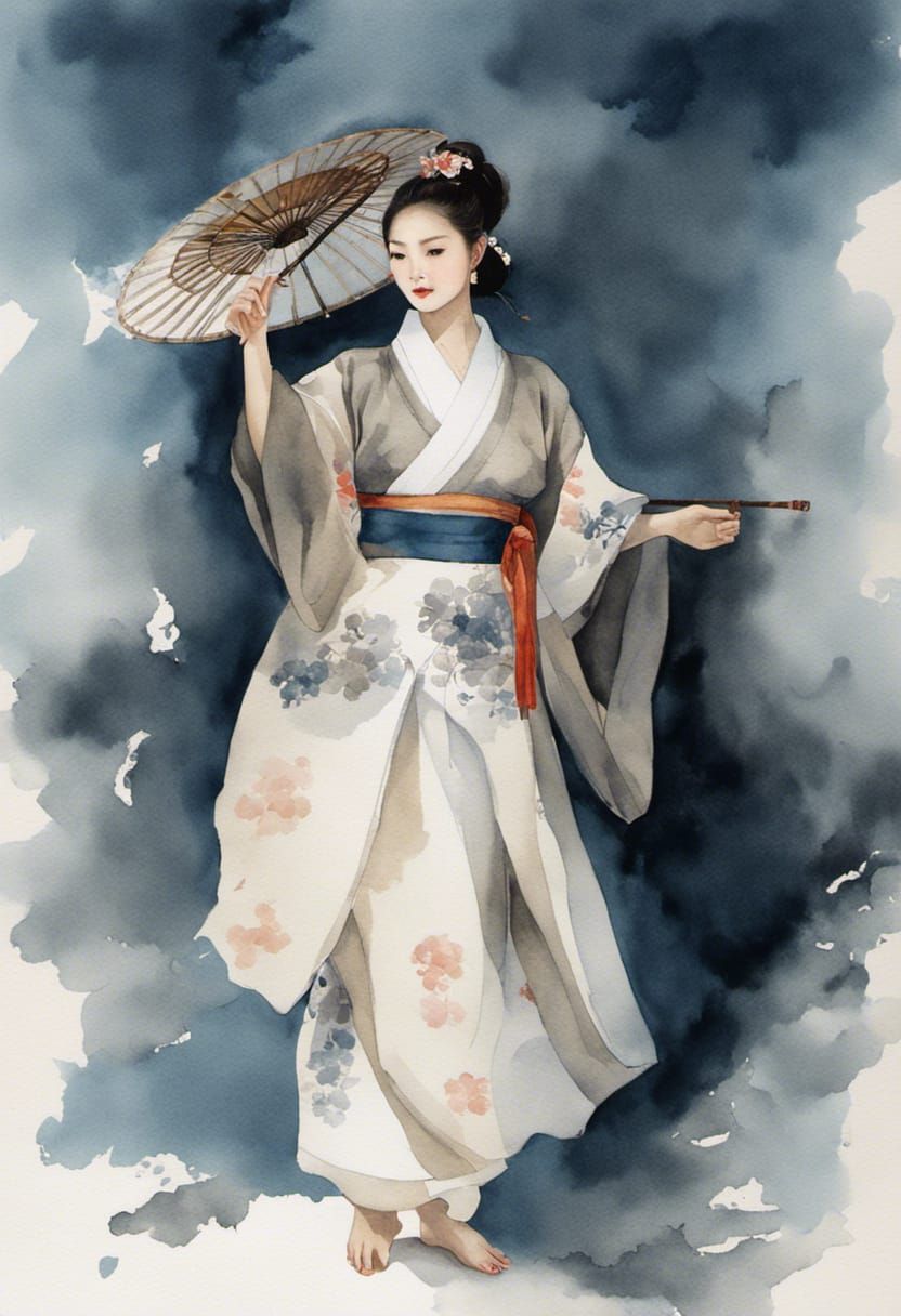 Korean Woman in Watercolor Art Nouveau Style