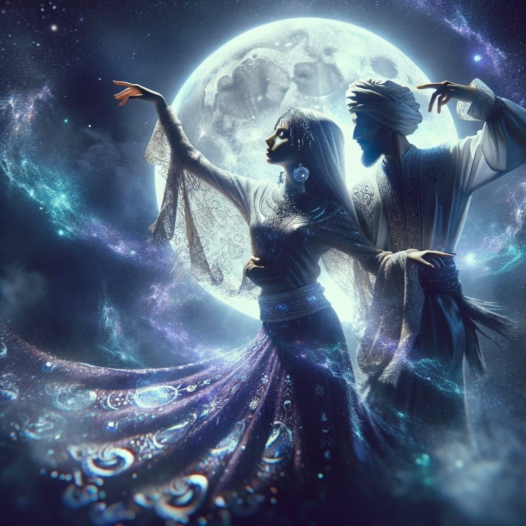 Ethereal Woman Dancing with Phantom in Moonlight
