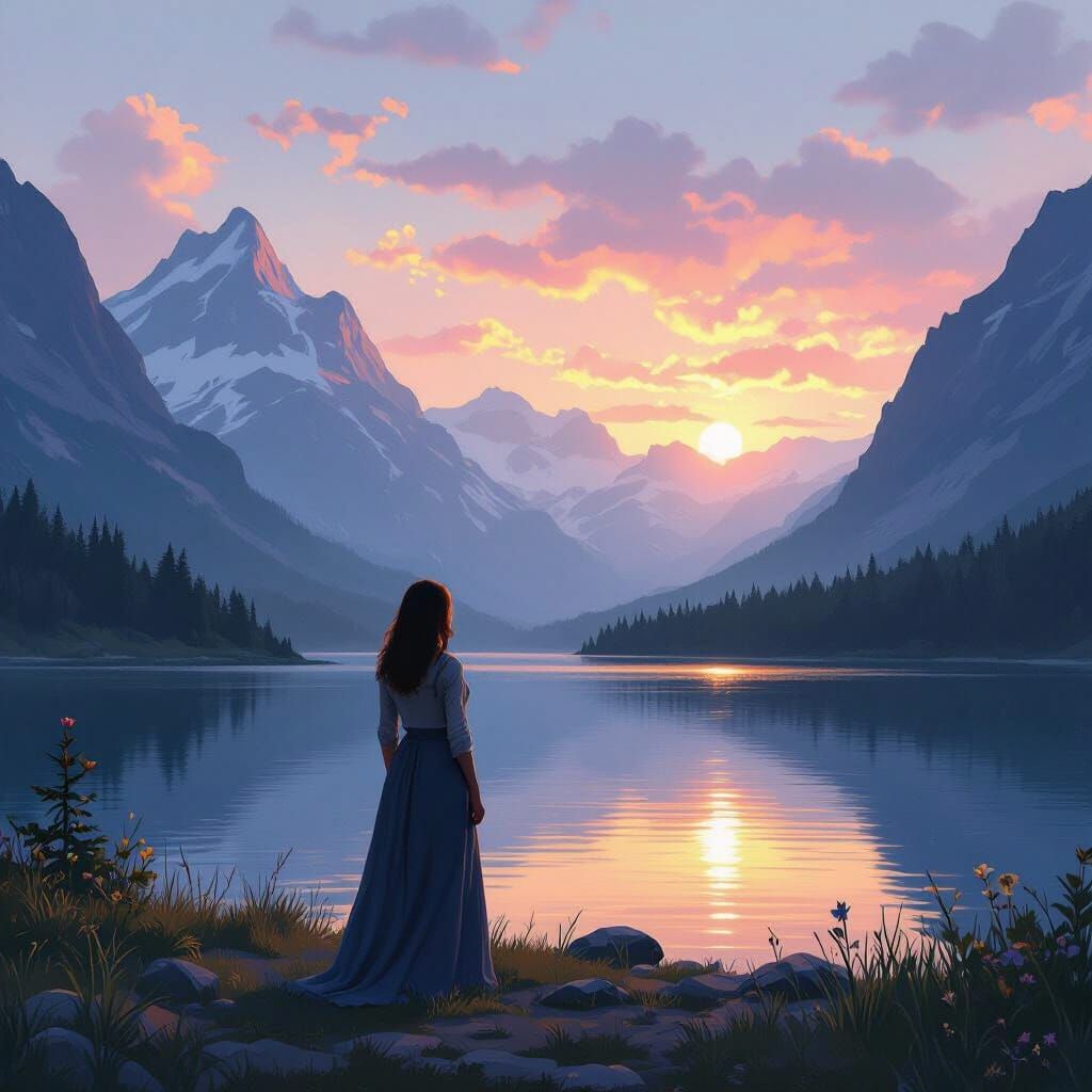 Serene Woman at Lake with Mountains