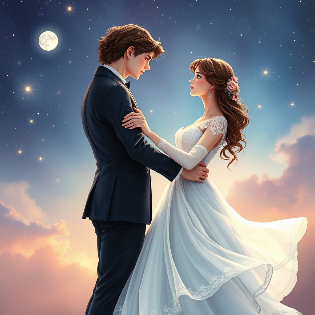 Romantic Waltz Under Starry Skies in Whimsical Dreamscape