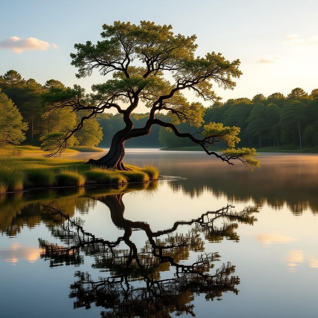 Ancient Oak Tree Reflected in Calm Lake at Golden Hour