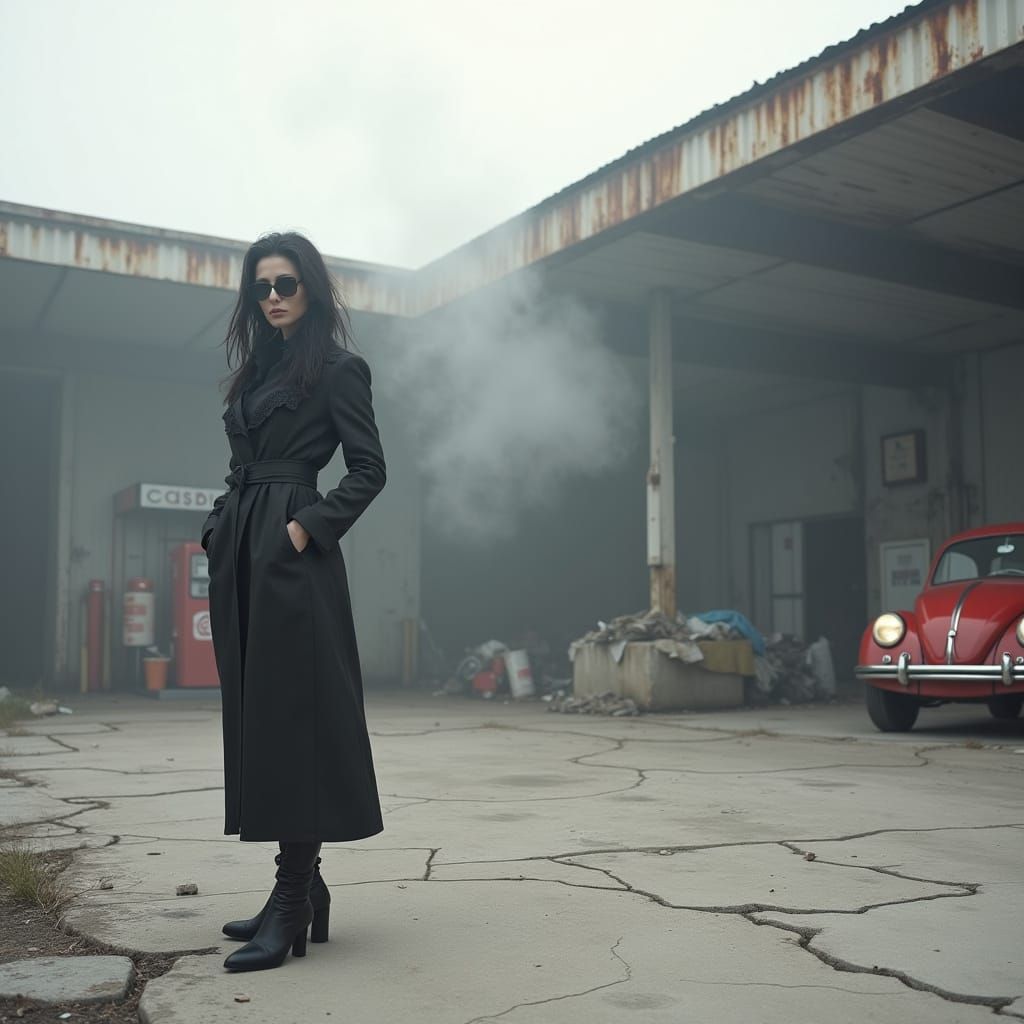 Goth Fashion Model Amidst Urban Ruin in a Haunting, Post-Apo...