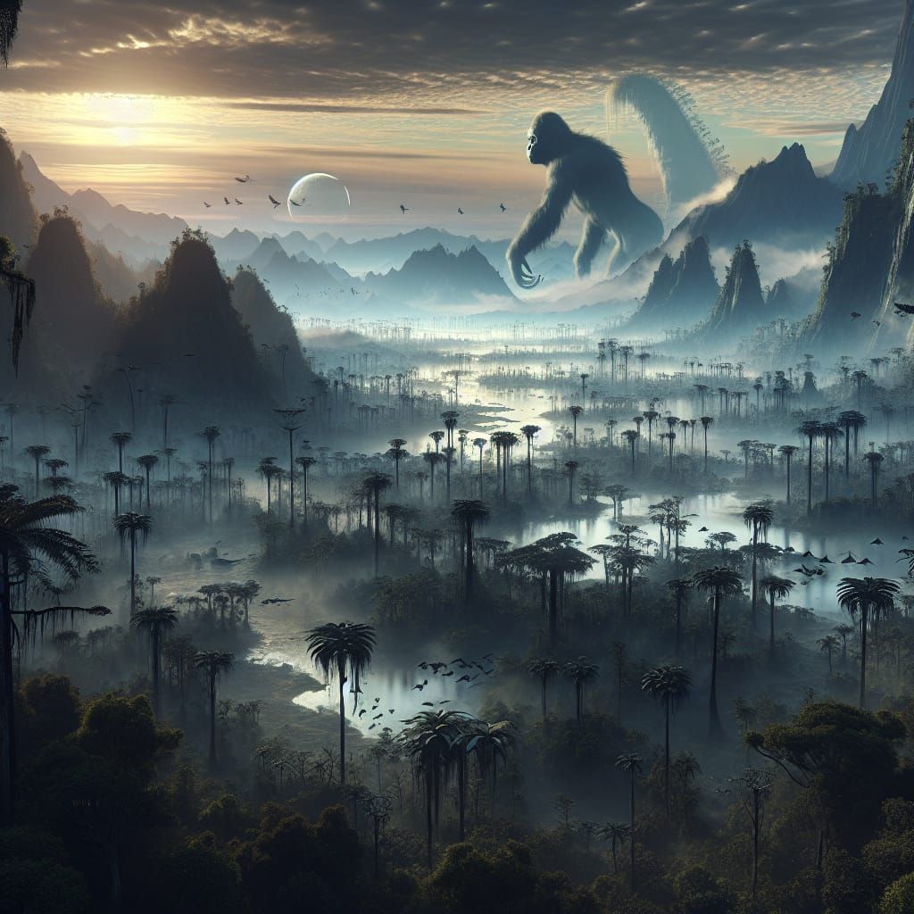 Primeval Earth with Moon Ape in Digital Matte Painting