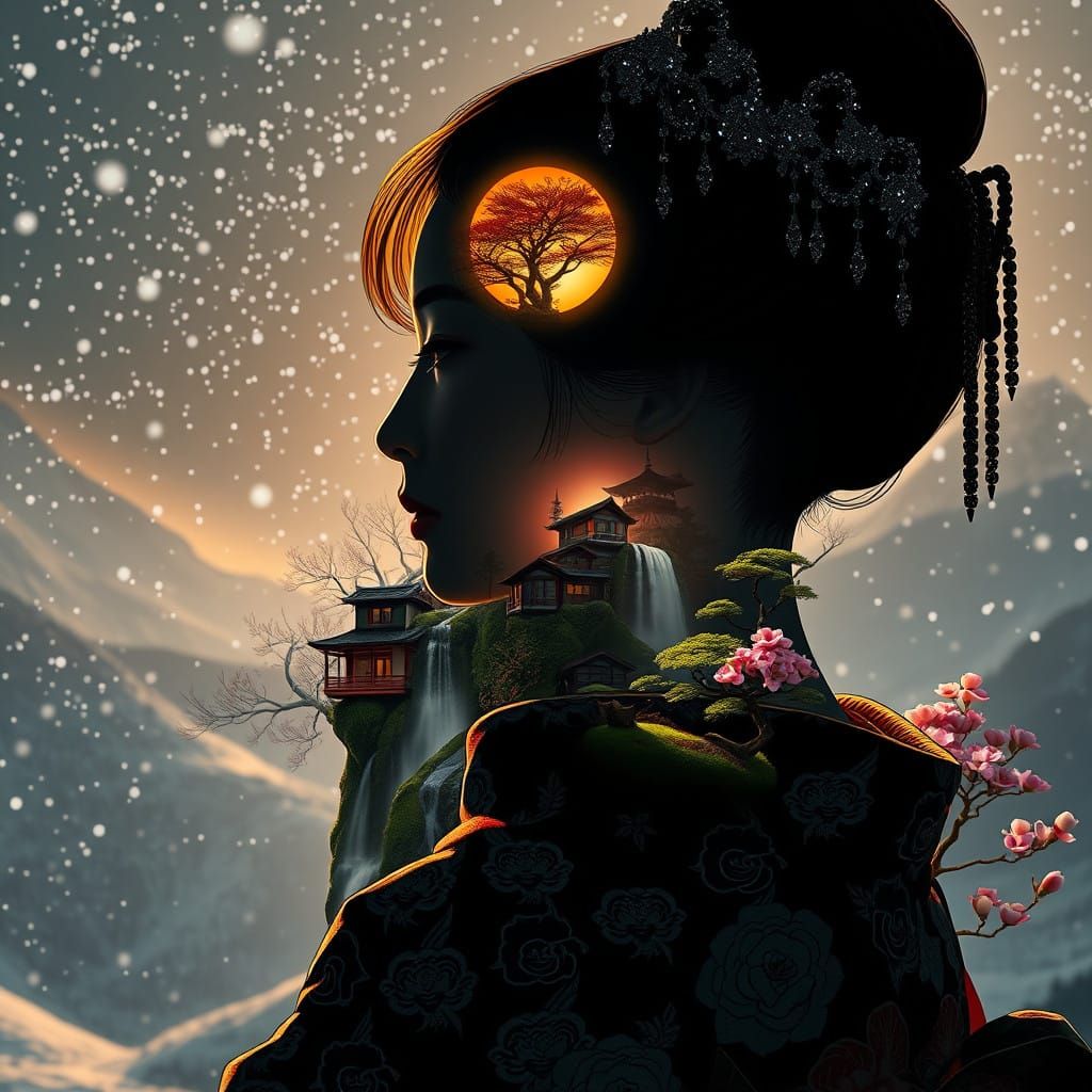 Hyperrealistic Geisha in Snowy Nighttime Ambiance